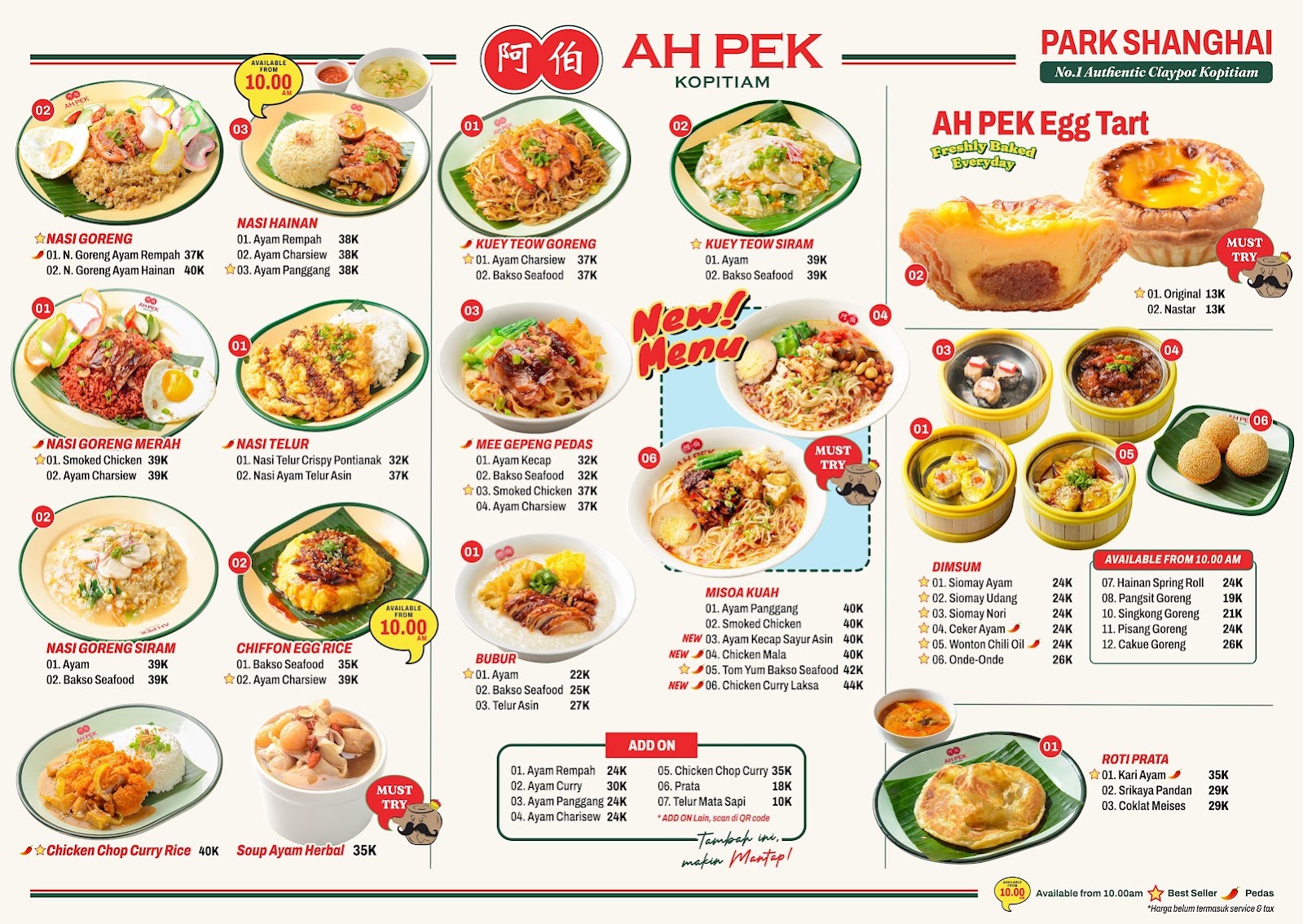 Papan menu makanan Ah Pek Kopitiam di Park Shanghai Pakuwon City berisi nasi goreng, nasi hainan, kuey teow, misoa, dimsum, dan egg tart beserta harganya