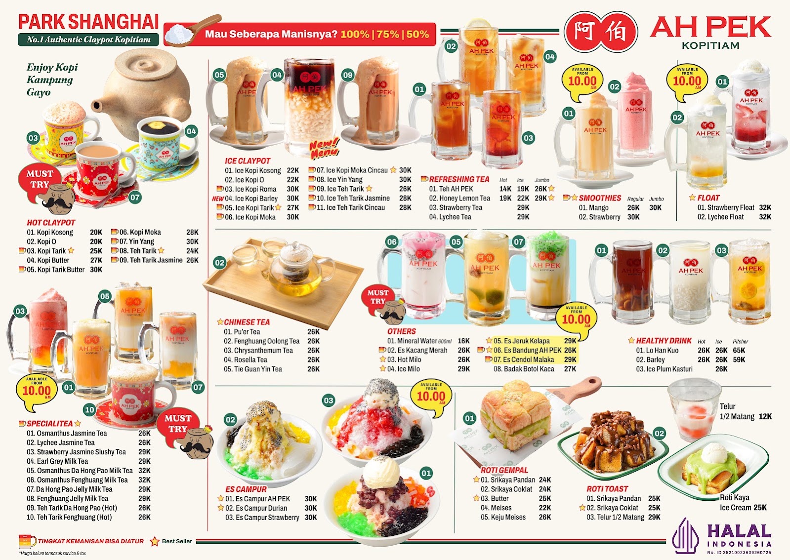 Papan menu minuman Ah Pek Kopitiam di Park Shanghai Pakuwon City berisi kopi claypot, teh tarik, specialitea, teh Tionghoa, es campur, dan roti beserta harganya
