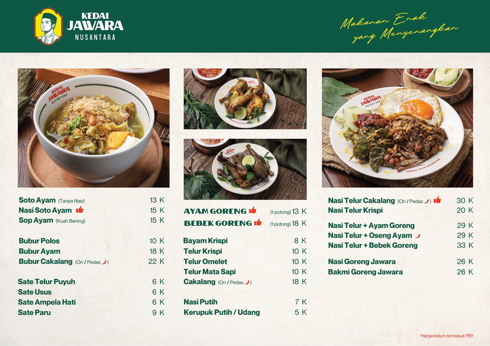 Halaman makanan buku menu Kedai Jawara Nusantara di Park Shanghai Pakuwon City berisi soto ayam, bubur, sate, ayam dan bebek goreng, serta nasi telur beserta harganya