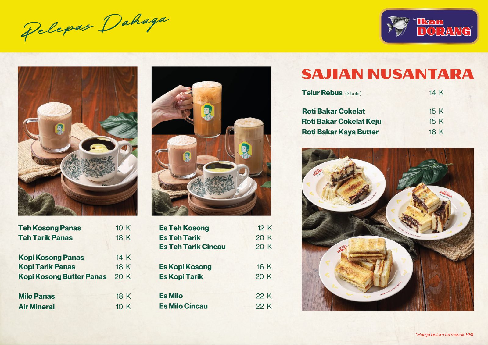 Halaman minuman buku menu Kedai Jawara Nusantara di Park Shanghai Pakuwon City berisi kopi tarik, teh tarik, Milo, es cincau, telur rebus, dan roti bakar beserta harganya